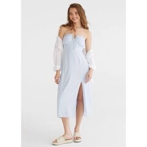 Aeropostale Blue Floral Strapless Midi Dress Side Slit Smocked Bodice Size XL